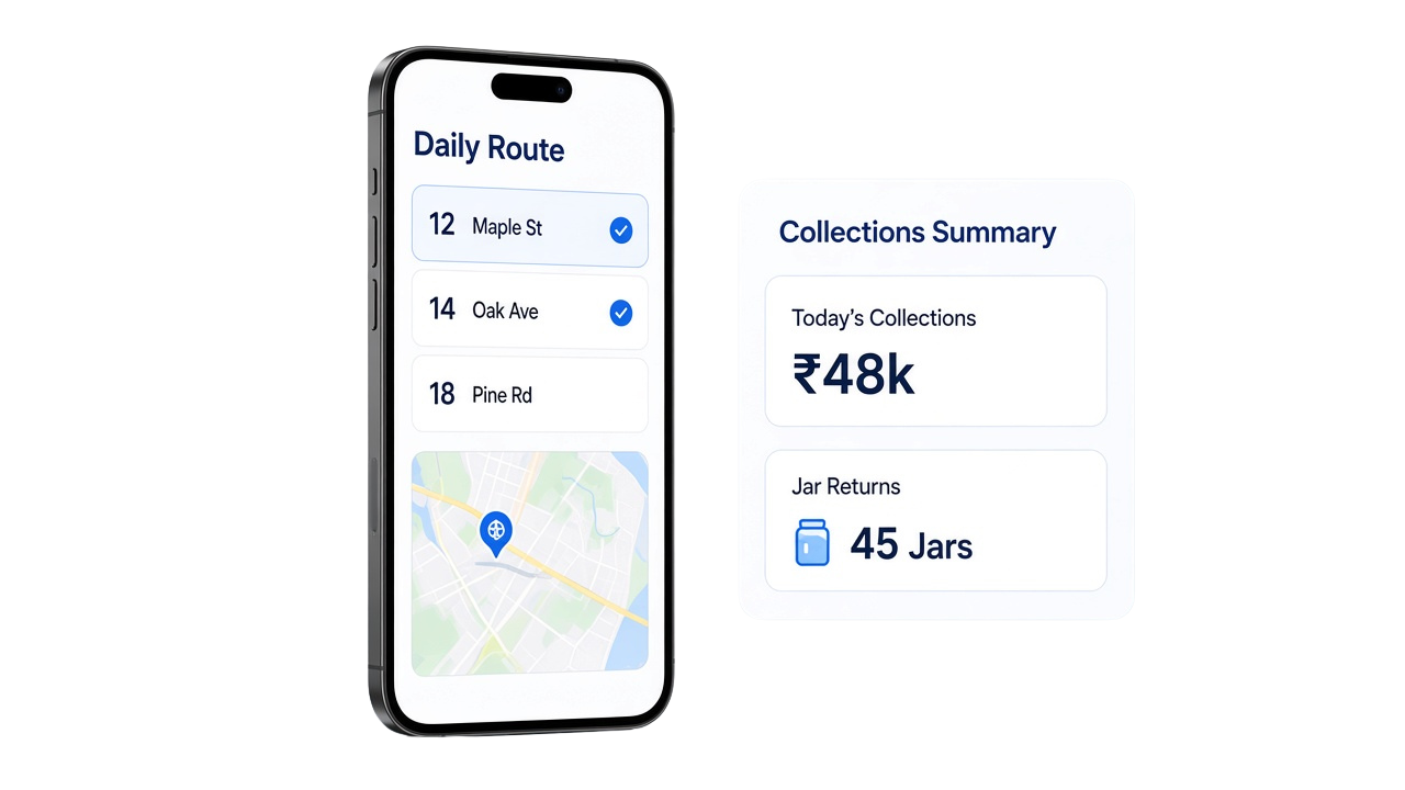 Monthly Cards daily route on mobile with collections and jar returns summary