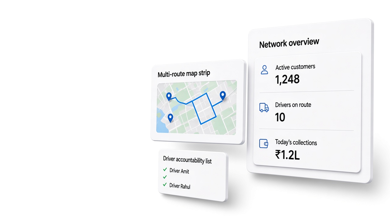 Distributor network overview with multi-route map and driver accountability